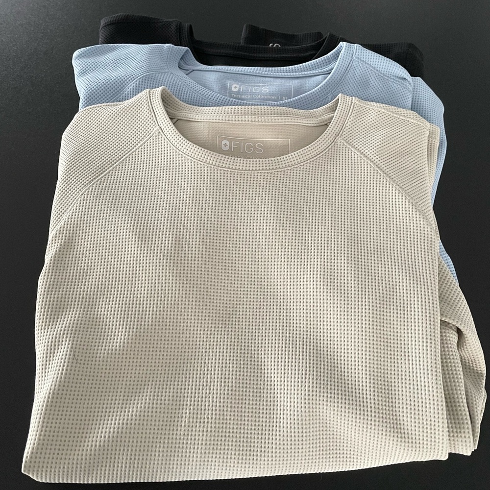 Figs Waffle Knit Crewnecks in Black, Blue, and Cream